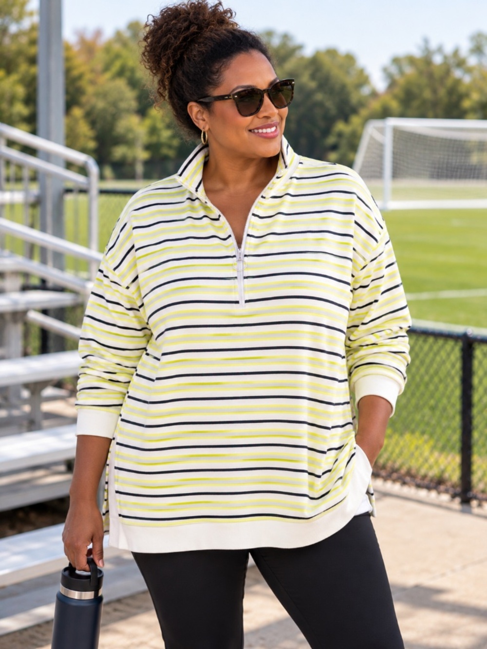 T by Talbots 2X Lime Black White Stripe Quarter Zip Pullover Plus Size